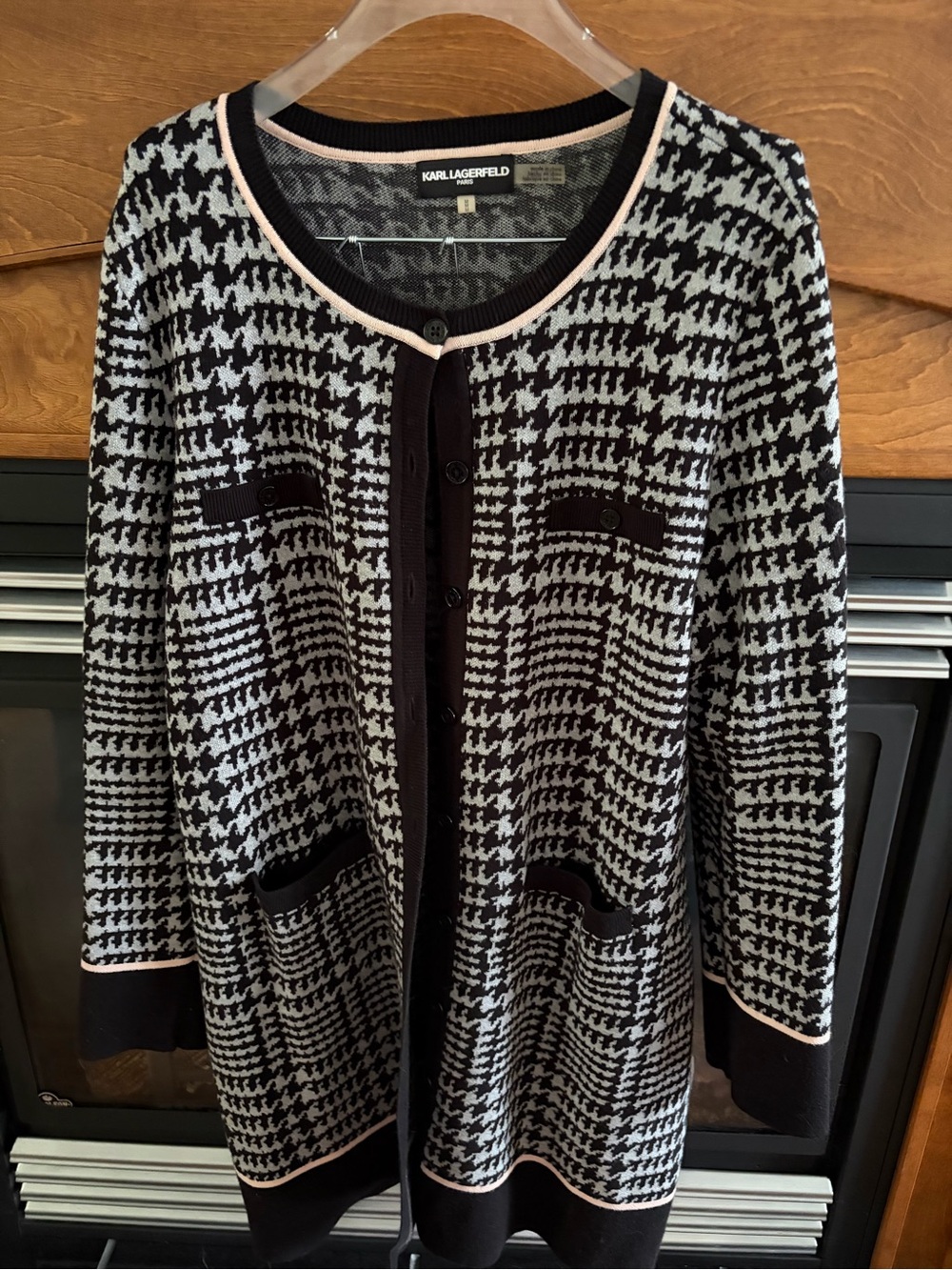Karl Lagerfeld Black and White Houndstooth Long Sleeve Cardigan Dress